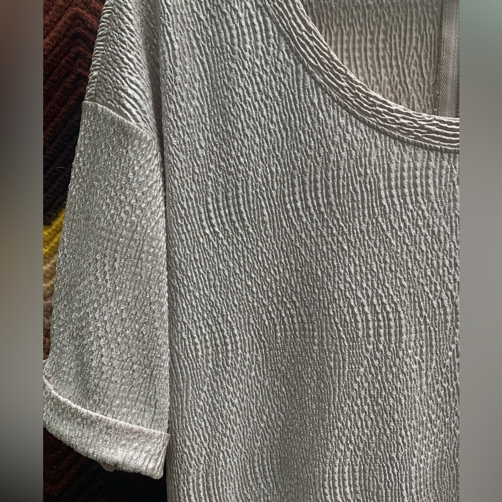 STYLE & CO. shimmery taupe blouse— short sleeves, scoop neck & zipper in back.